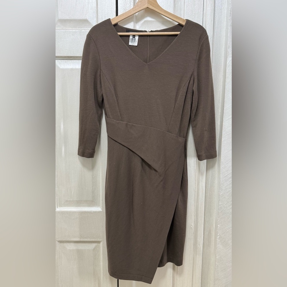 Lafayette 148 Cut&Sew Women 8 Brown New Wool Lined Midi Dress 3/4 Sleeve V-Neck